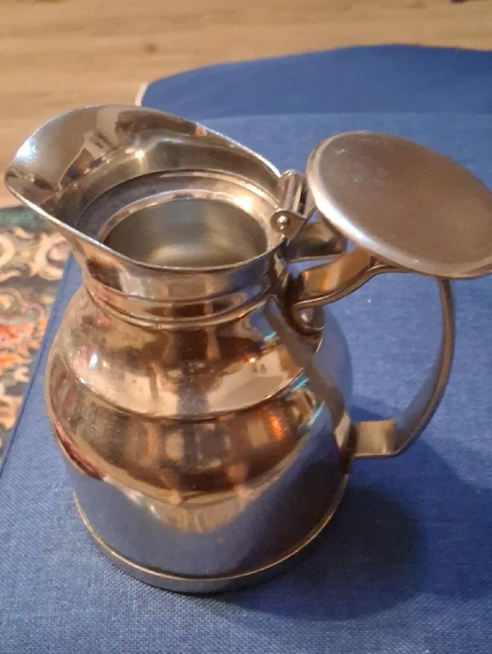 Vintage Polished Silver Stainless Steel Creamer Pitcher with Flip Lid